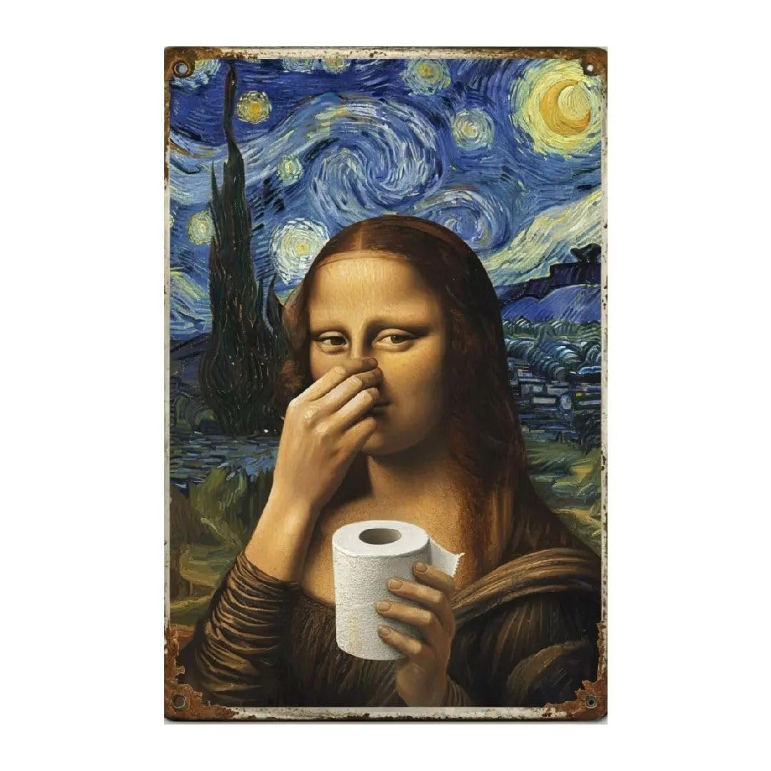 Funny Bathroom Wall Art,Metal Tin Vintage Mona Lisa Holding Toilet Paper Signs Wall Picture for Bathroom Toilet Decorations Decor Ornaments