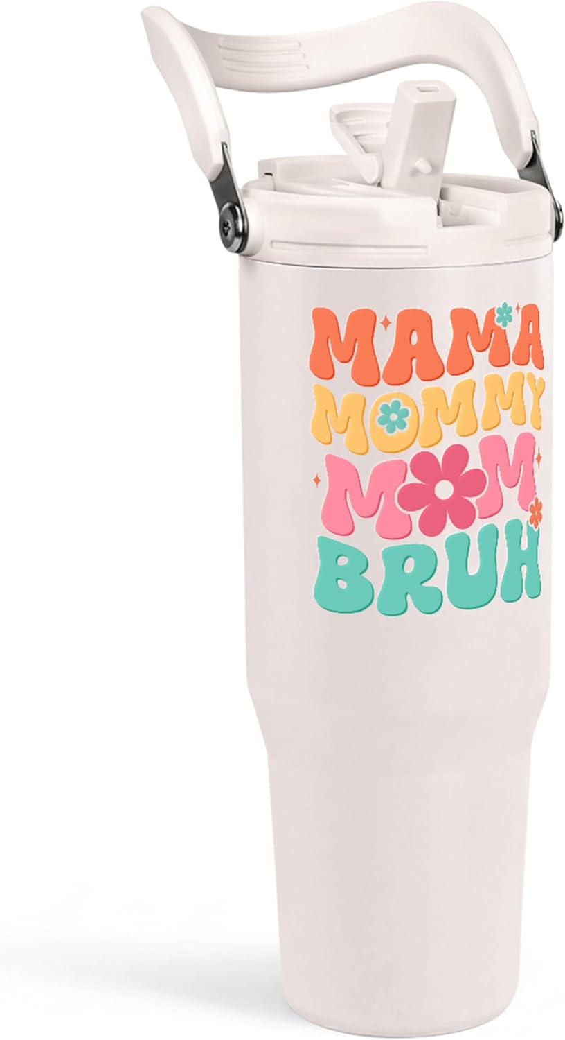 SANDJEST Funny Mom Tumbler 30oz, Mama Bruh Stainless Steel Insulated Coffee Travel Mug with Handle & Flip Straw Lid, Mom Gifts for Christmas Birthday Mothers Day Valentines