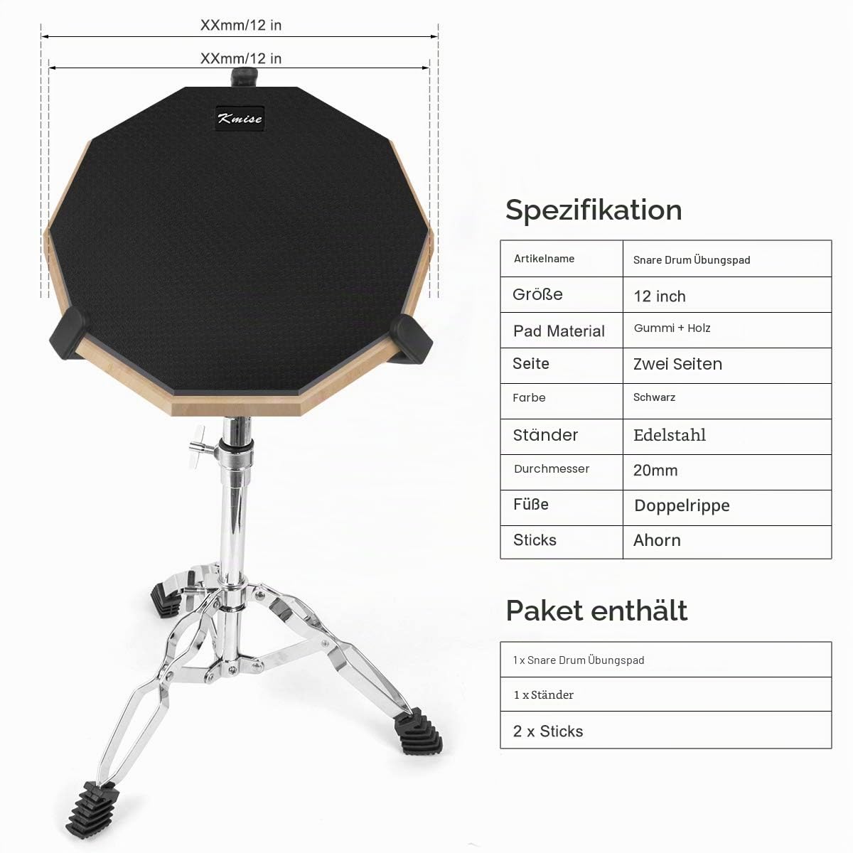 Kmise Schlagzeug-Trainings-Set mit Snaredrumständer und Drumsticks, 30,5 cm, doppelseitig geräuschlos, mit Ständer und Drumsticks