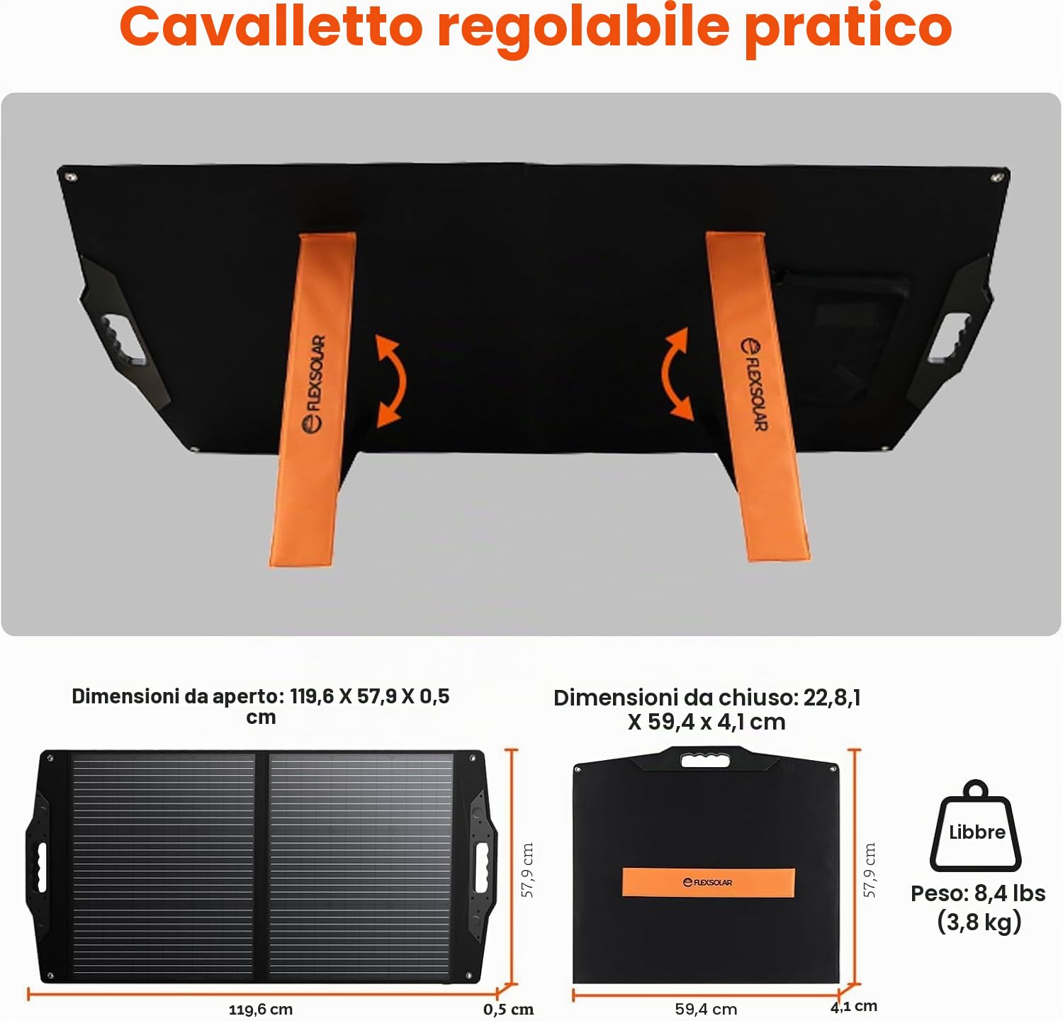 FlexSolar Pannello Solare Portatile Pieghevole 100W,Caricabatterie Solare | Porta USB-A/C/DC7909/5521/XT60/AndersonMonocristallino per Power Station, Laptop, Camper e Campeggio