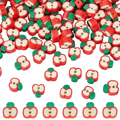 SUNNYCLUE 1 Box 200pcs Polymer Clay Beads Fruit Red Apple Beads Fruit Clay Bead Apple Slice Shape Loose Beads Fruits Theme Spacer Beads for Jewellery Making Bracelet Keychain Necklace DIY Craft Gift
