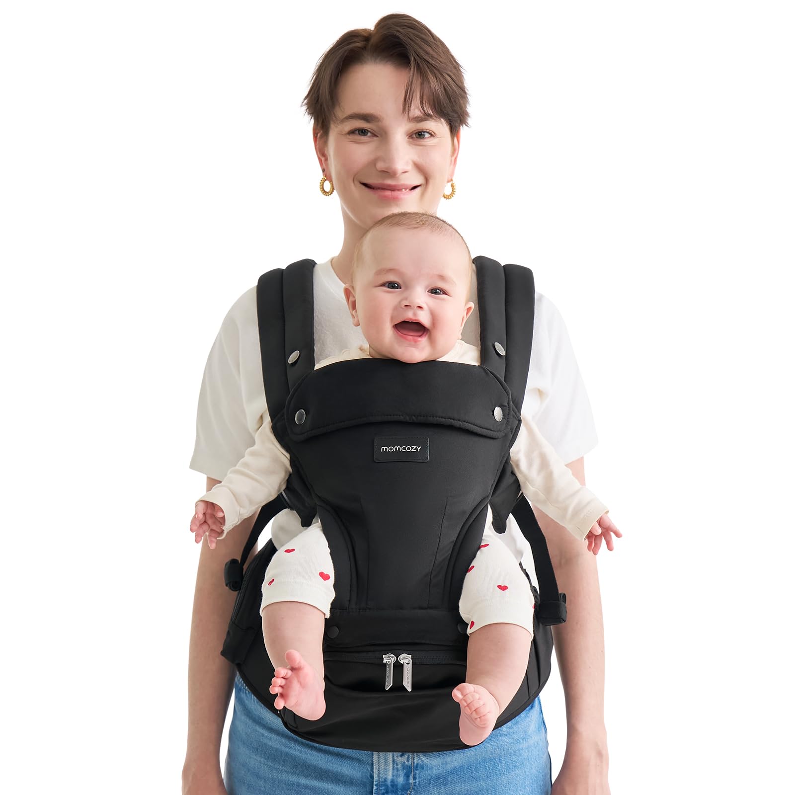 Momcozy Porte-bébé avec coussin de hanche, 2 en 1, réglable et amovible, jusqu'à 20 kg, respirant avec soutien lombaire pour parents, porte-bébé léger pour nouveau-né, noir