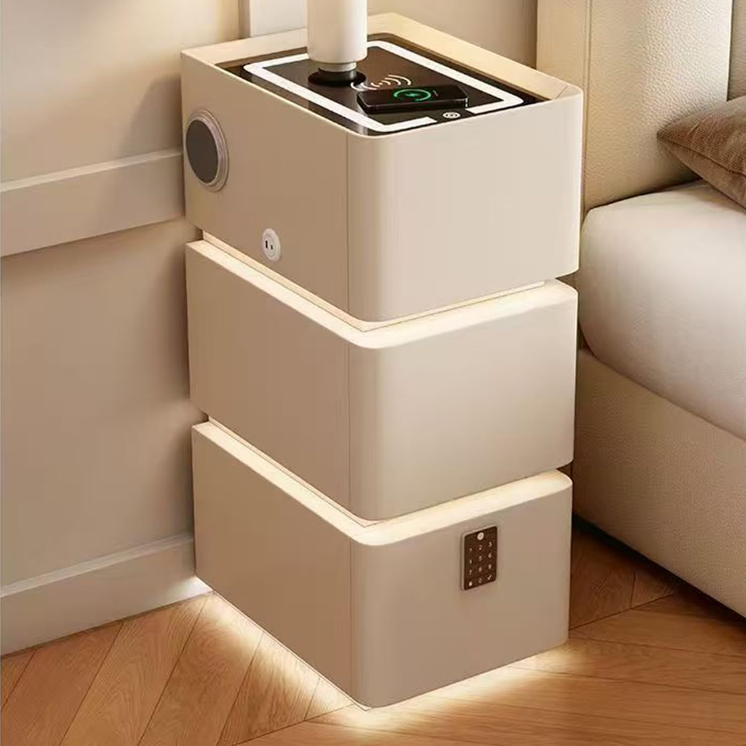 Smart Narrow Nightstand with 3 Drawers 11.8" W x 15.7" D x 25.2" H, Charging Nightstand, Modern Leather Bedside Table, Password Lock, LED Sensor Light, USB Port (3 Drawers, White)