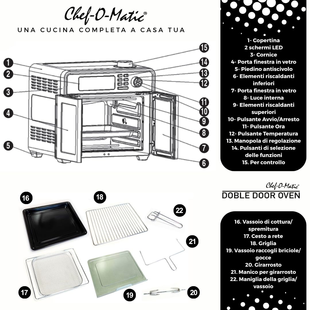 STARLYF Doble Door Oven 28L, Forno Friggitrice ad Aria XXL | Doppia Porta, 18 Programmi, 1700W, Grill, Girarrosto, Disidratatore e Display LCD | Forno Elettrico Multifunzione da Cucina