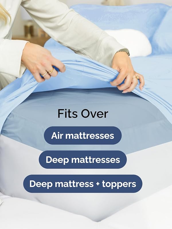 Extra Deep Queen Sheet Set - 4 Piece Breathable Cooling Sheets - Light Blue image 6
