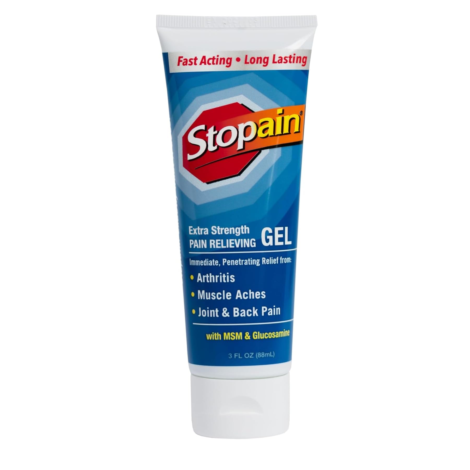 Stopain Pain Relief Gel 3oz USA Made, Max Strength Fast Acting with MSM, Glucosamine, Menthol for Arthritis, Lower Back Sciatica, Knee, Neck, HSA FSA Approved Topical Analgesic Products
