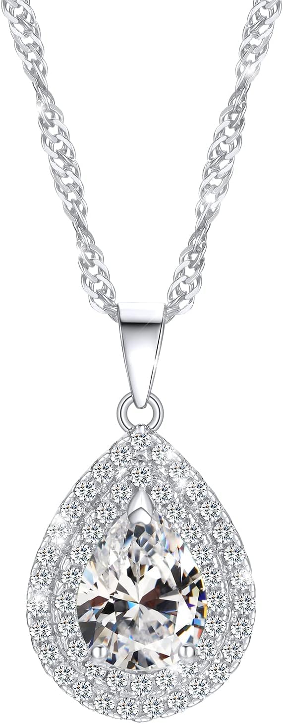 NUOKUNDainty Teardrop Necklace for Women, Simple Sliver Cubic Zirconia Necklace, Cute Solitaire CZ Necklace Jewelry Gift for Girls Wife Sister Lover (Necklace with Clear Stone 1, White Gold Plated),