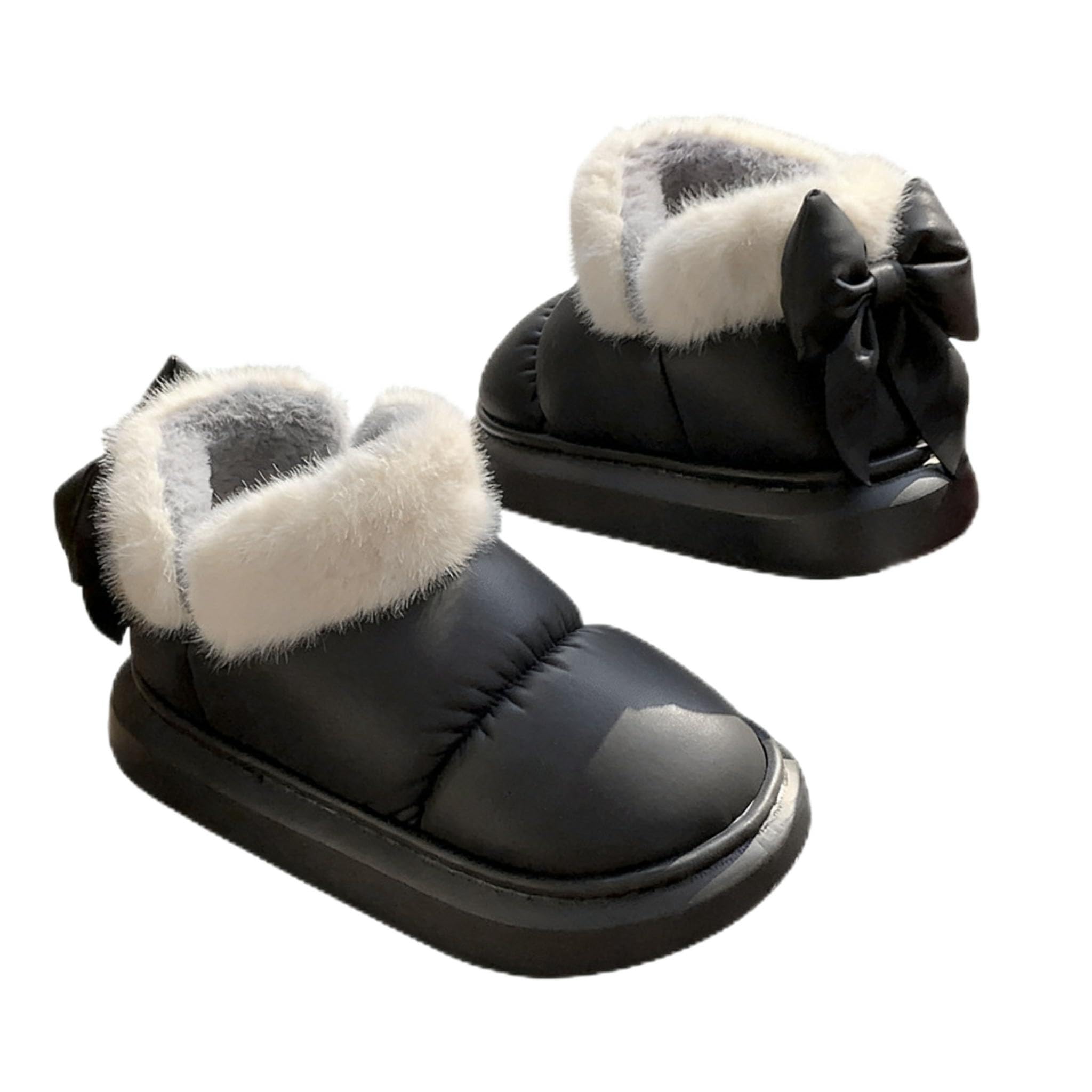 Womens Quilted Winter Ankle Boots Adult Cotton Shoes Plush Fur Trim Bow Detail Platform Sole Slip-on Style Indoor