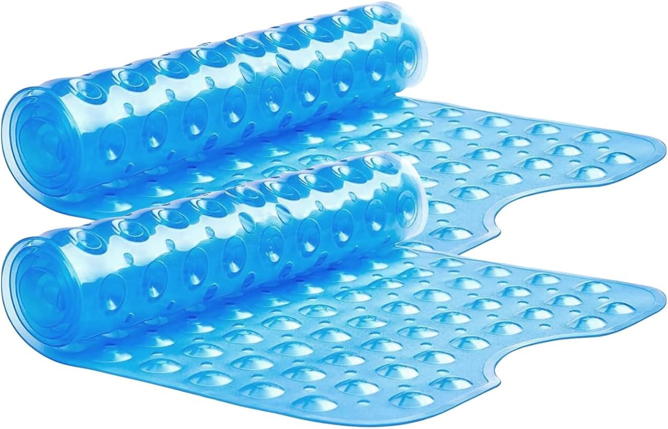 Oxford Homeware Shower Bath Mat Non Slip Anti Mould - Blue 100x40 cm 2 Pack Shower Mat for Bathtub and Bathroom with Drain Holes and Strong Suction Cups Machine Washable Bath Mats