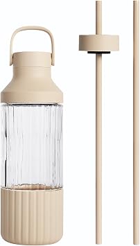 BEAST Health Dual Cap Glass Hydration Bottle, Sand | Straw Lid & Carry Lid, Borosilicate Glass, Leak-Proof, BPA-Free, Dishwasher Safe