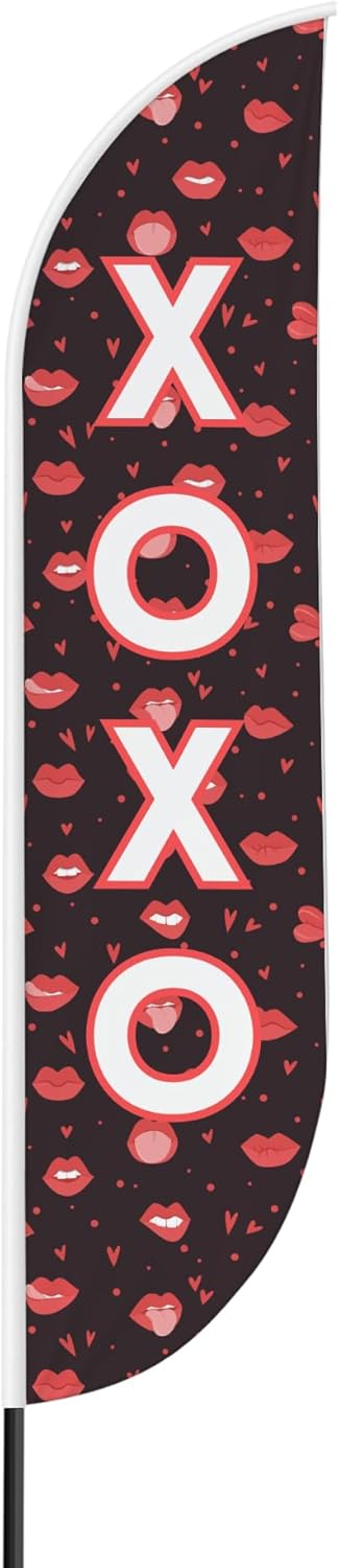 XOXO Feather flag for Outdoor by Mavis Print | 11.5 FEET Long Polyester Outdoor Banner Flag for Easy Hang | HD Print Swooper Flag Only for Valentine's Day | Made in USA