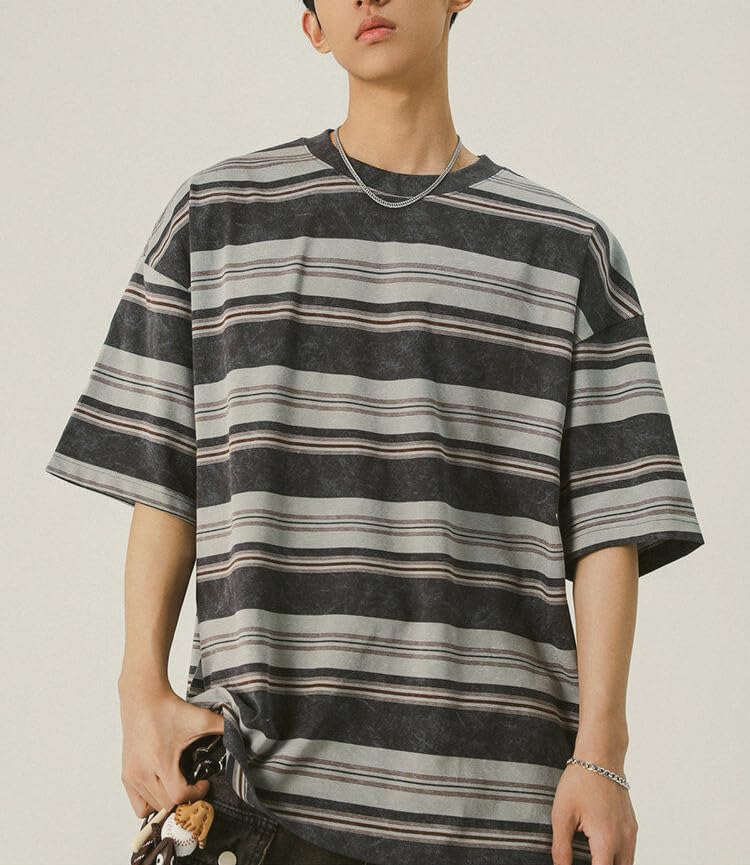 Men's Y2K Striped Baggy T-Shirt Alt Emo Summer Crewneck Short Sleeve Streetwear Top Harajuku Grunge Aesthetic Tees3