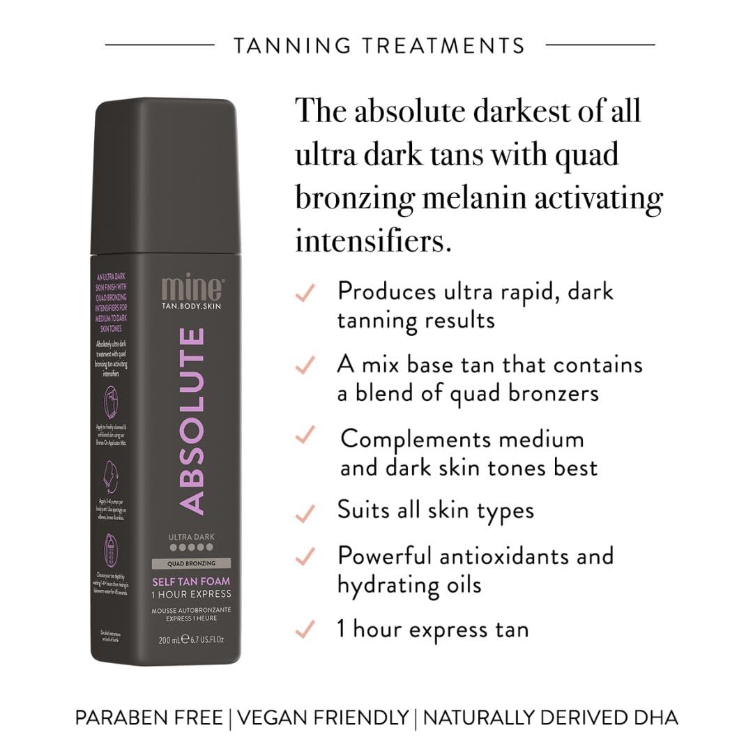 Minetan Absolute Tan Self Tan Foam | Tanning Treatments Collection | Ultra Dark Brown Intense Skin Finish | 1 Hour Express Mousse, Face & Body Fake Tanner, Melanin Activating, Face & Body | 6.7 Fl Oz