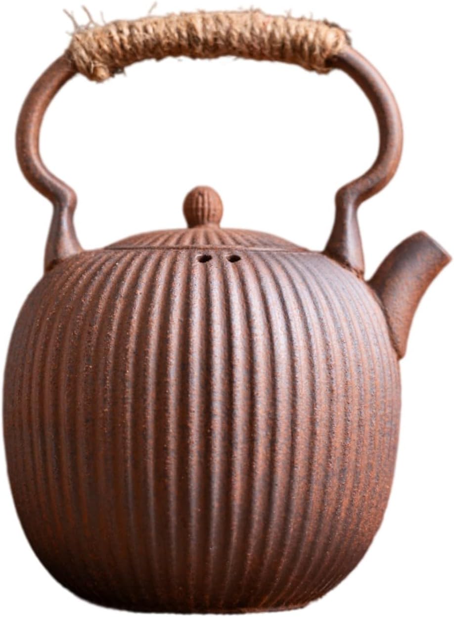 陶迷粗陶老岩泥提梁壶复古中式煮茶壶酒 Ceramic Kung Fu Tea Set,teapot,Teacups,warming Wedding Birthday Gift,Tea Tray Chinese,Dishwasher Safe 粗陶菱纹提梁壶