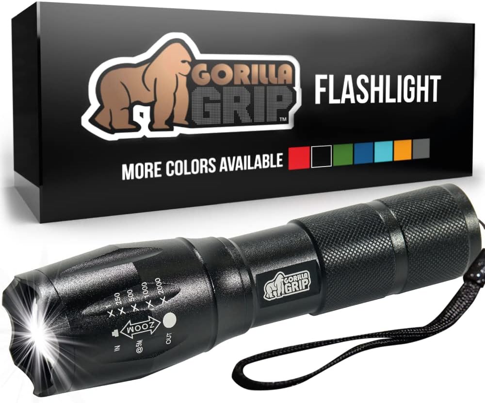 Gorilla Grip Tactical Handheld LED Flashlight, Ultra Bright 5 Mode, Long Lasting, Water Resistant, High Lumen, 750 FT Zoomable Flashlights, Camping Accessories, Outdoor Gear, Emergency Outages, Black : Tools & Home Improvement