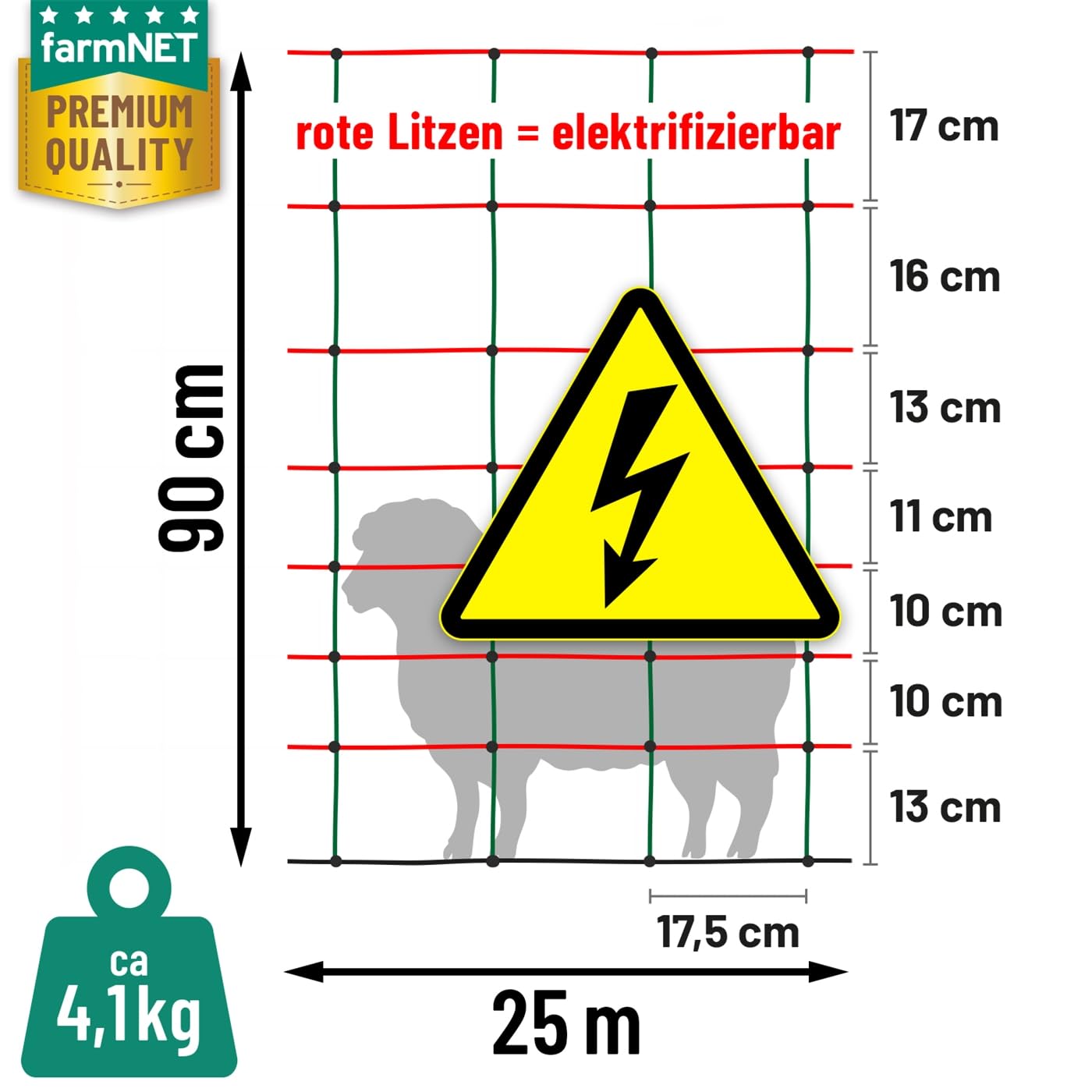 VOSS.farming farmNET+ Rete elettrificabile per Pecore 25 m 90 cm 2 Punte Verde