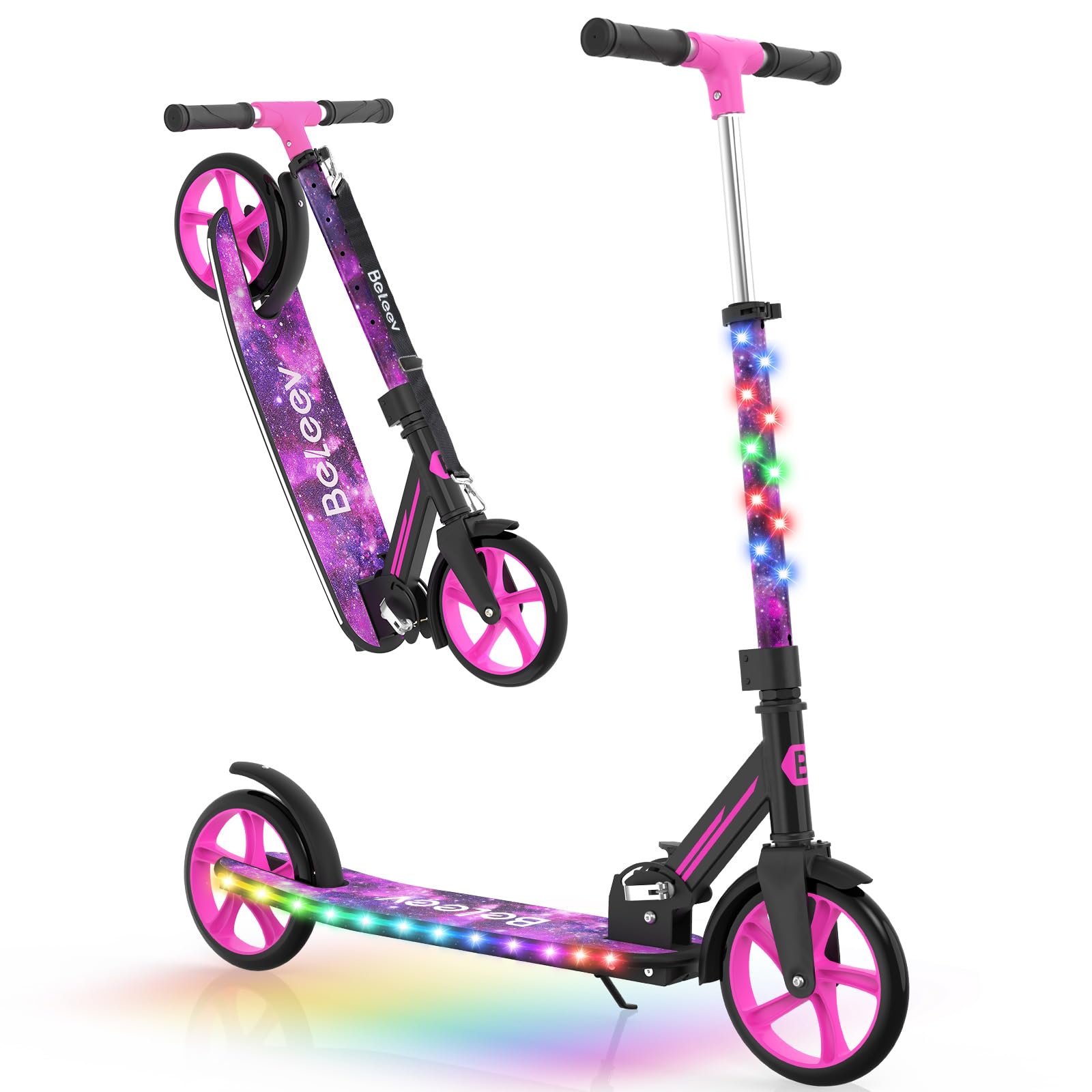 BELEEV V9 2 Wheel Scooter, City Scooter with LED Lights Stem & Deck, 4 Height Adjustable, Big Wheel 200mm Folding Adult Scooter with Carrying Strap, Sturdy Frame for 6+ Child Girl and Adult