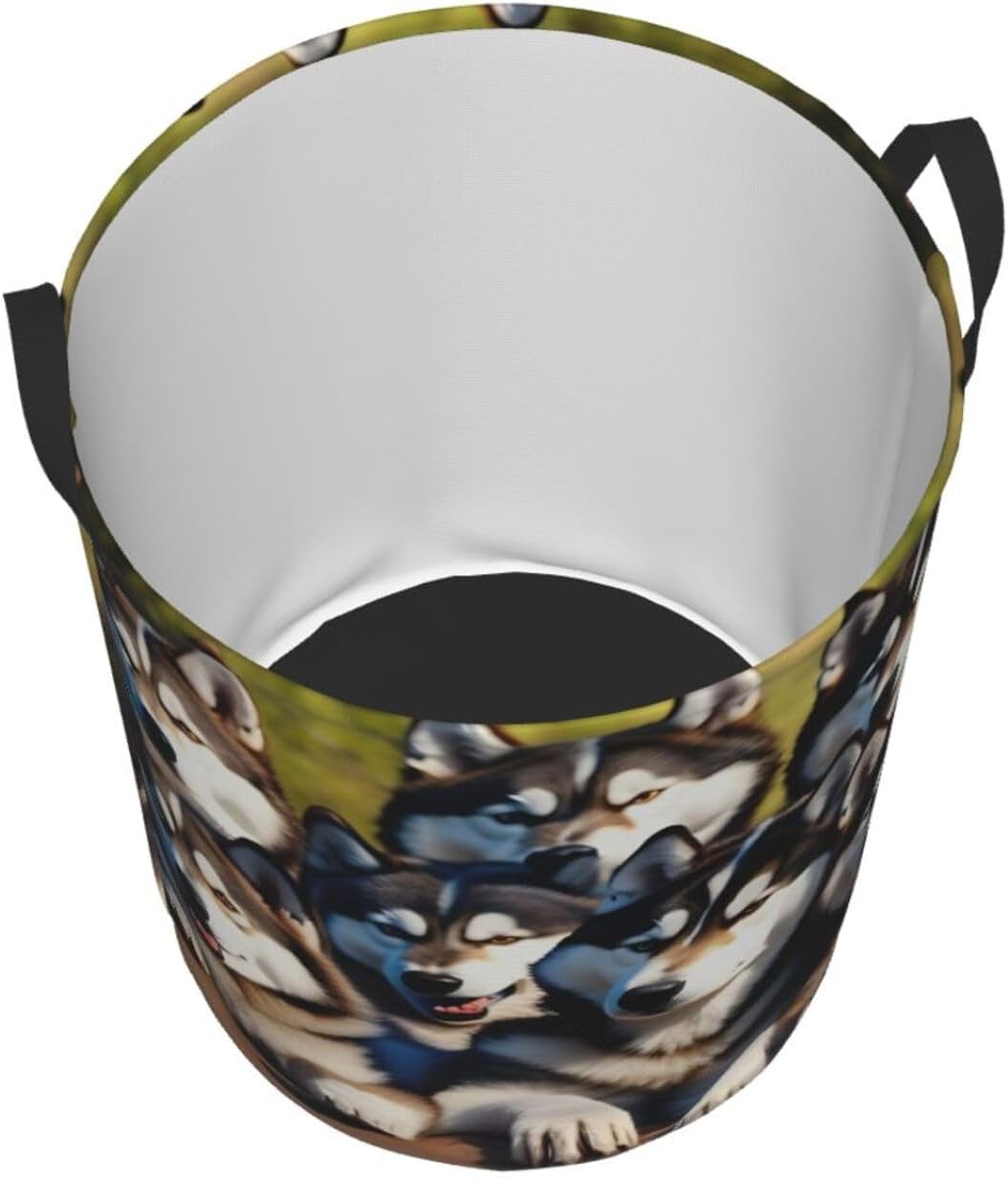 Lovely Huskys Print Circular Protable Storage Bin,Basket For Laundry Hamper With Handles Bedroom Clothes