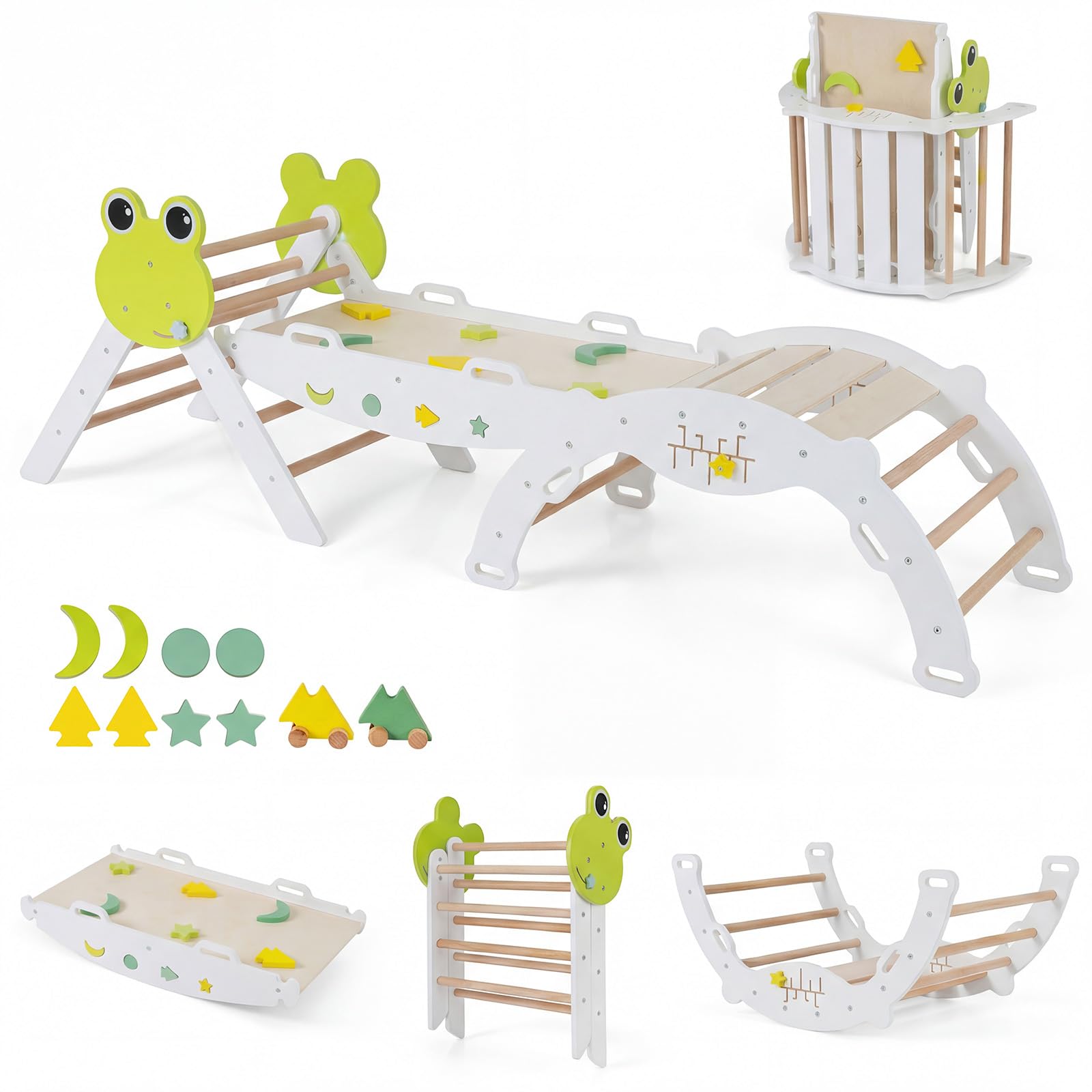 RELAX4LIFE Set da Arrampicata per Bambini, Triangolo di Arrampicata con Scivolo e Arco, Gioco di Incastri in Legno, Gioco Montessori per Bambini 1+ Anni (Rana-3 Pezzi | Bianco)