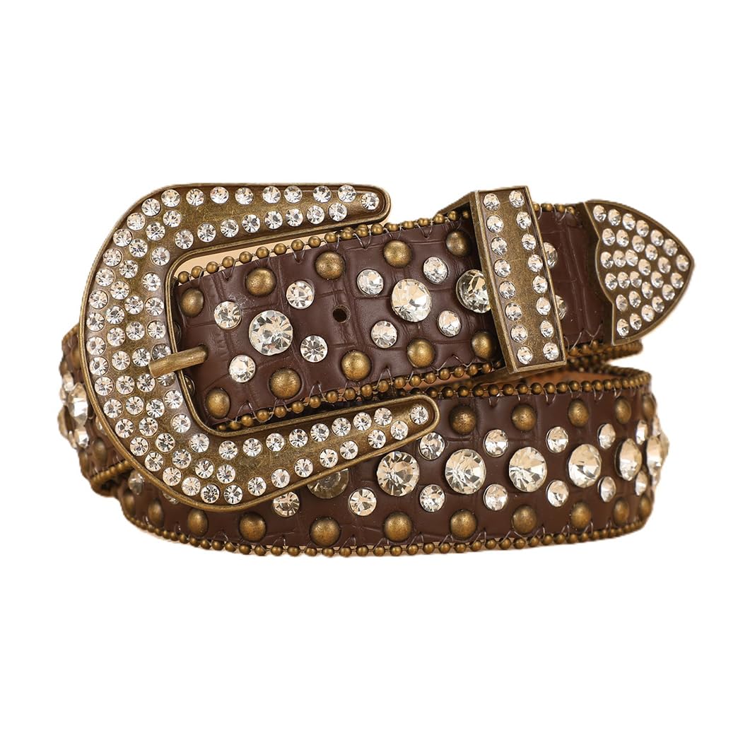 Agutalithic Women's Brown Men Western Rhinestone Studded Leather Belt Unisex Bling Cowgirl Cowboy Embossed Strap For Jean Pants Dress(115Cm/45, )