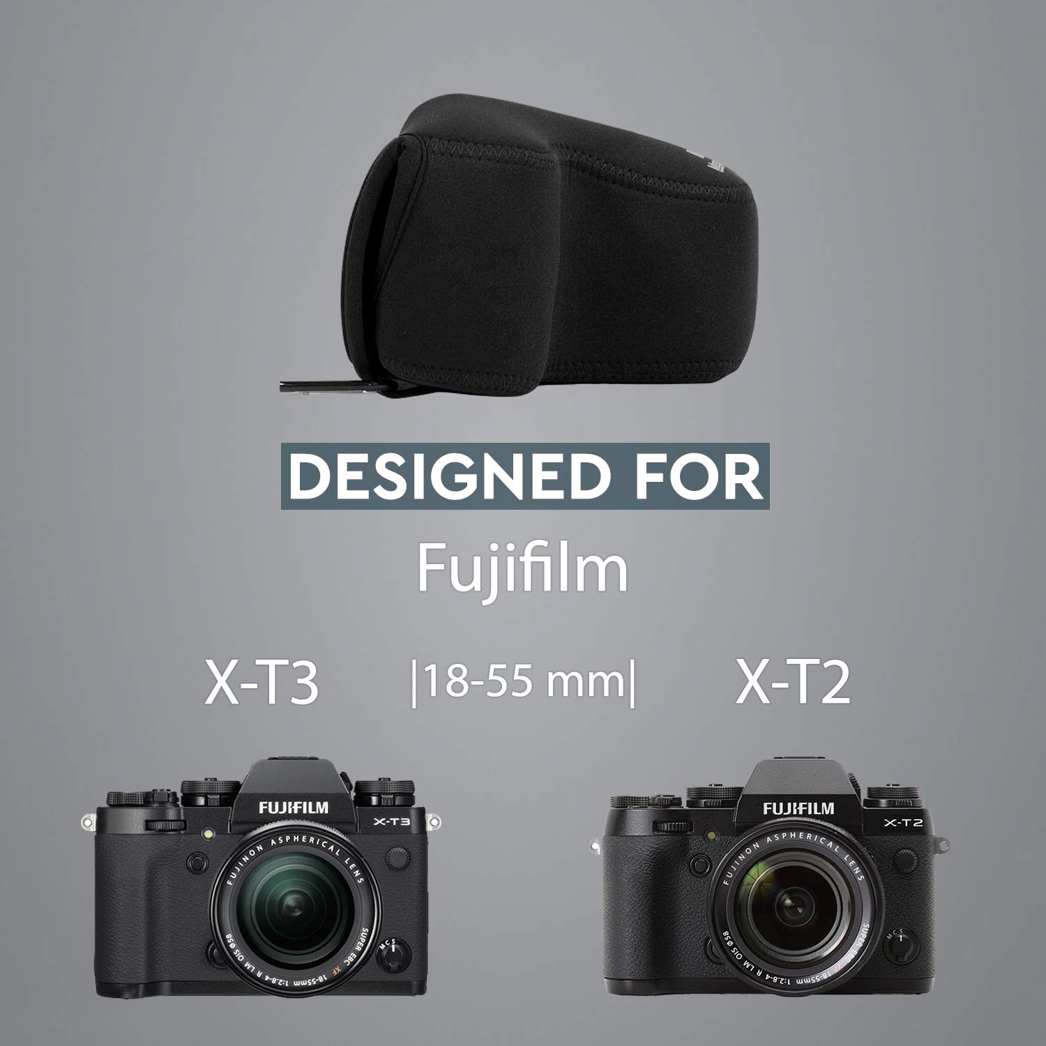 MegaGear MG865 Ultra Light Étui en Néoprène pour Fujifilm X-T3, X-T2 (XF23mm - XF56mm & 18-55mm Lens) - Noir