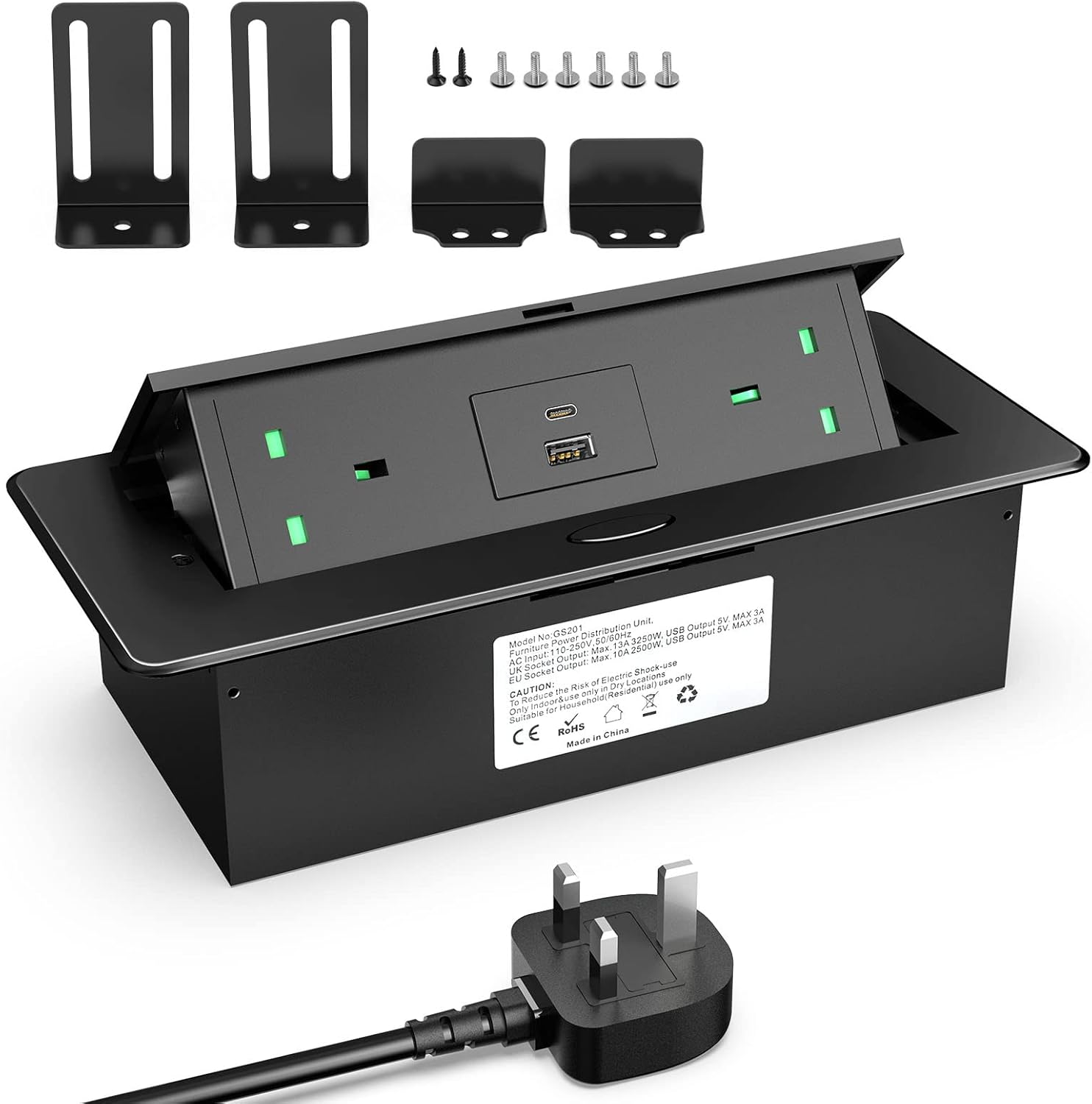 Desktop Power Socket with USB C, Aluminum Recessed Power Strip 2 UK Plug, Hidden Pop Up Sockets