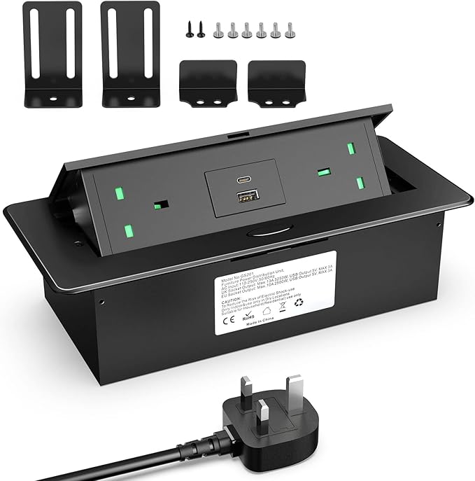 Desktop Power Socket with USB C, Aluminum Recessed Power Strip 2 UK