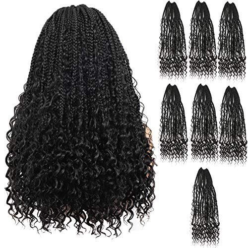 Goddess Pre Braided Crochet Hair Extension - Bohomian Box Braids Crochet Hair Extensions with Curly Ends Crochet Braiding for Afro Women 12 Strands/Pack (24 inch, 7 packs black)