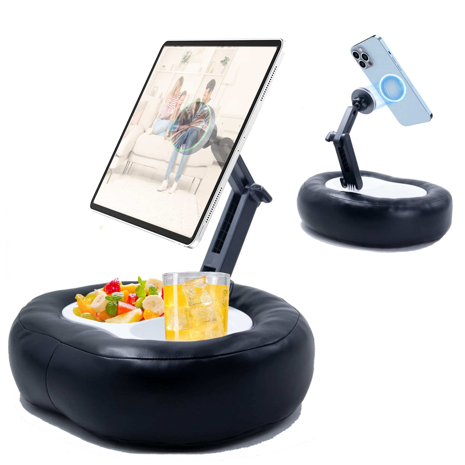 Magnetic Tablet Phone Pillow Stand Soft Leather with Removable Snack Tray 360 Adjustable Bed Desk Lap Holder for