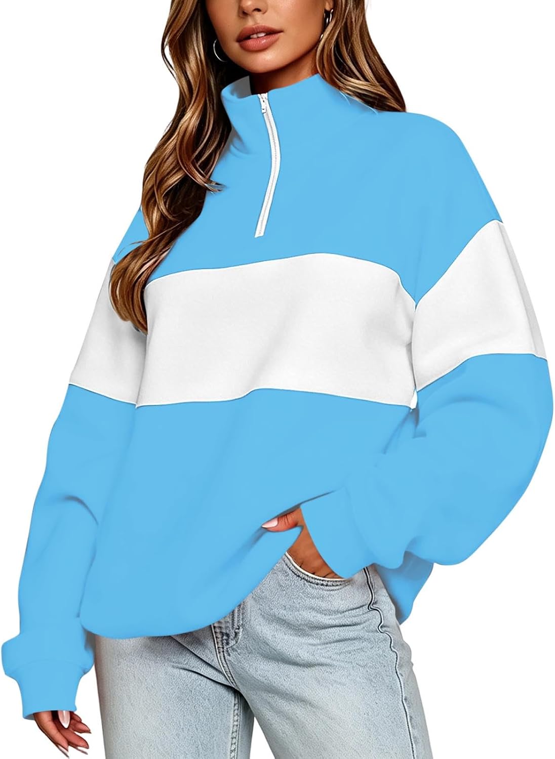 Womens Color Block Half Zip Sweatshirt Long Sleeve Stand Collar Loose Shirt Trendy Fall Winter Casual Pullover Tops