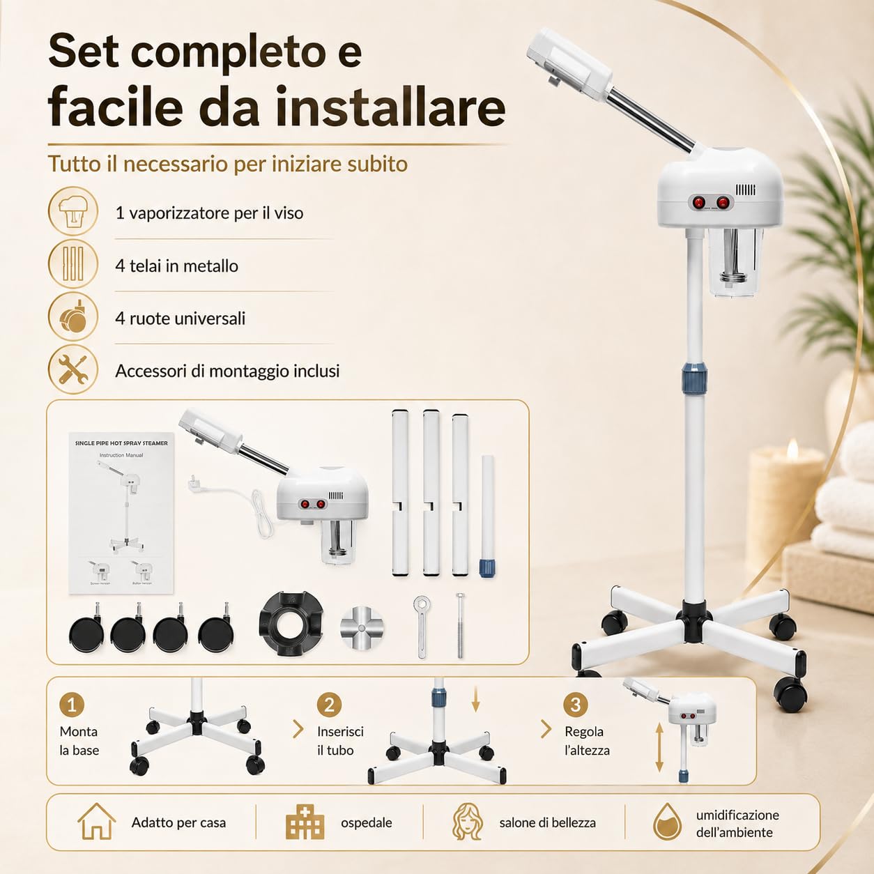 Professionale Vaporizzatore Viso 750 W Vapore di Ozono per Estetica, Spray Denso Sauna Viso Ozono, Profonda Pori Ugello Girevole con Ruote Universali