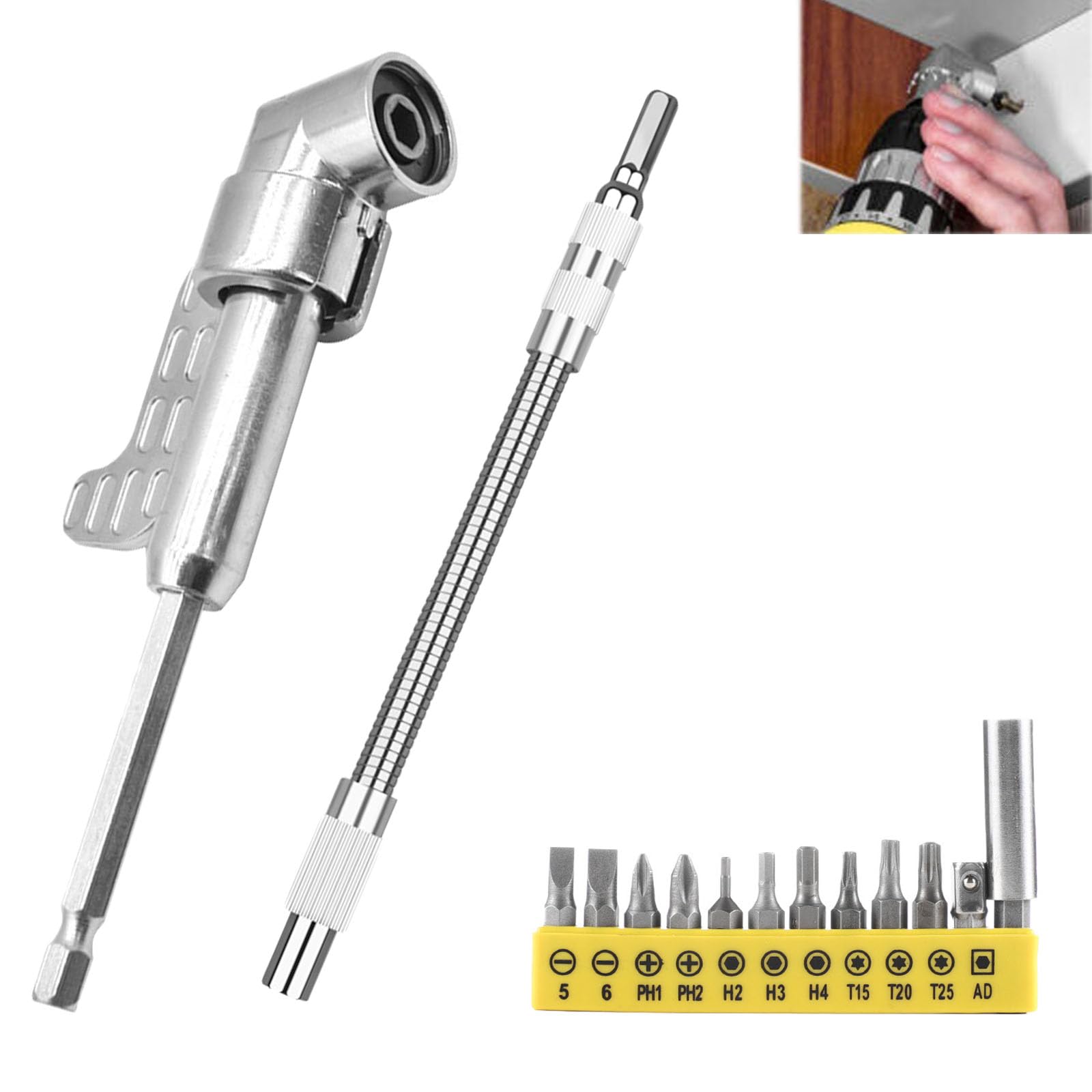 2026 New Angular Tool Screw Holder, 105 Degree Right Angle Drill bit Holder, with Multifunctional Elbow Screwdriver Head Set, Suitable for Working in Narrow Spaces (Long)