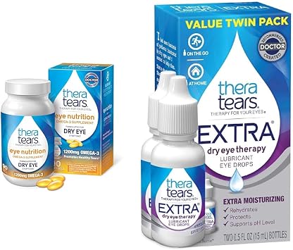 TheraTears Omega 3 Supplement، 1200mg، 90 ct Pack of 1 & Extra Dry Eye Therapy Lubricating Eye Drops for Dry Eyes، 0.5 fl oz Bottle، 2 Count