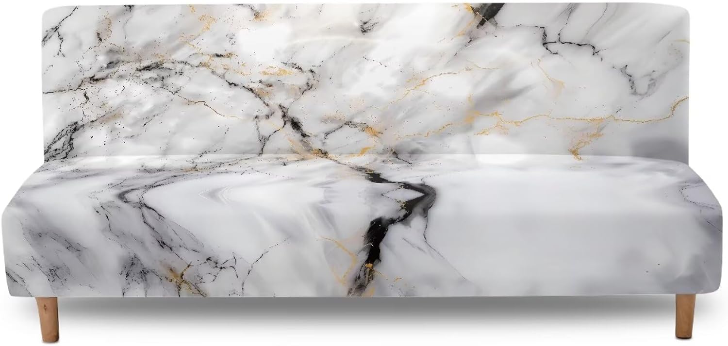 Marble Print Gray White Stretch Armless Futon Cover Futon Slipcover Anti Slip Sofa Bed Cover Furniture Protector with Elastic Bottom, Machine Washable