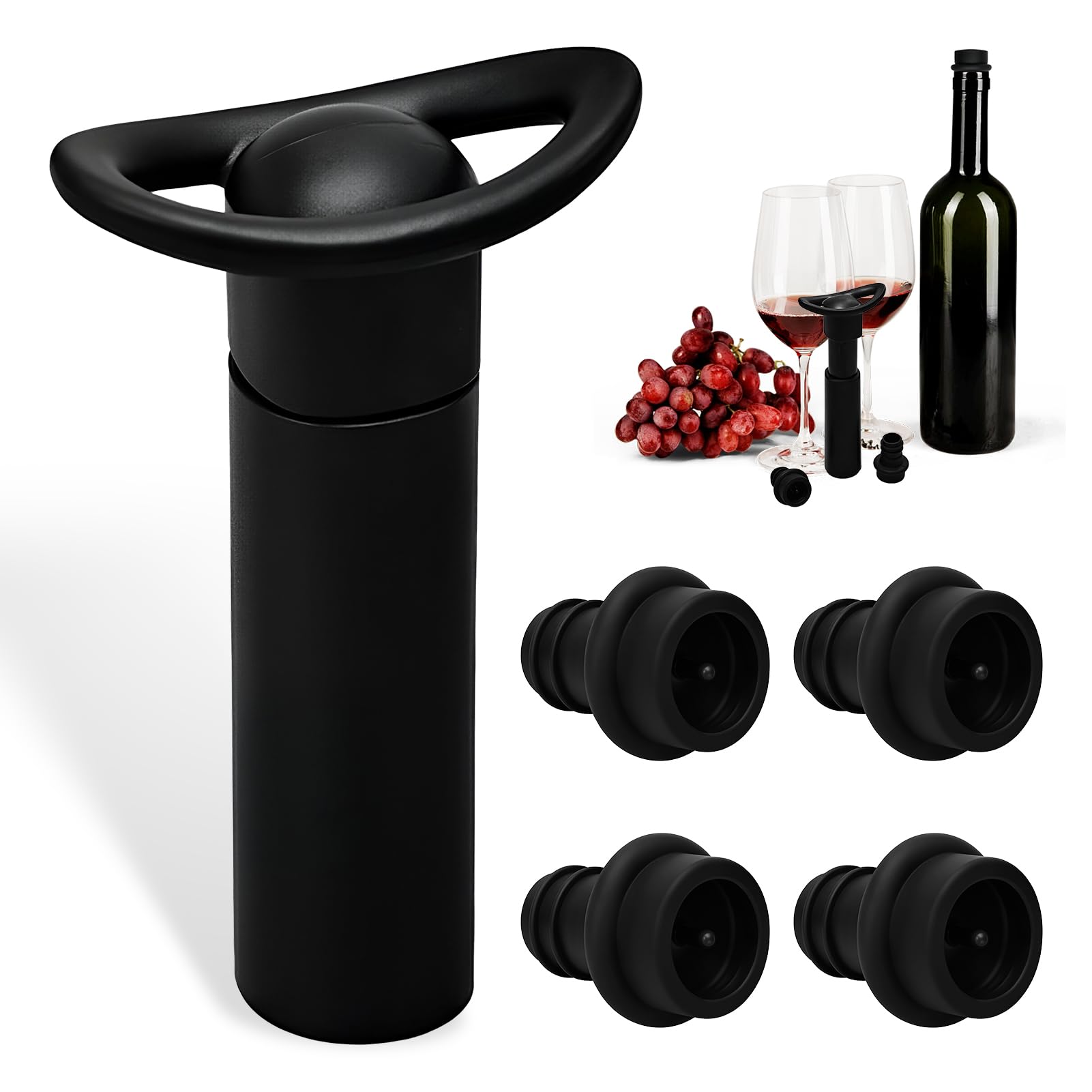 Wine Stopper Vacuum Pump with 4 Reusable Wine Bottle Stoppers, Wine Preserver Saver for Red & White, Air Removal Tool, Threaded Design, Tight Seal, Ideal Wine Saver Kit Gift Keeps Wine Fresh