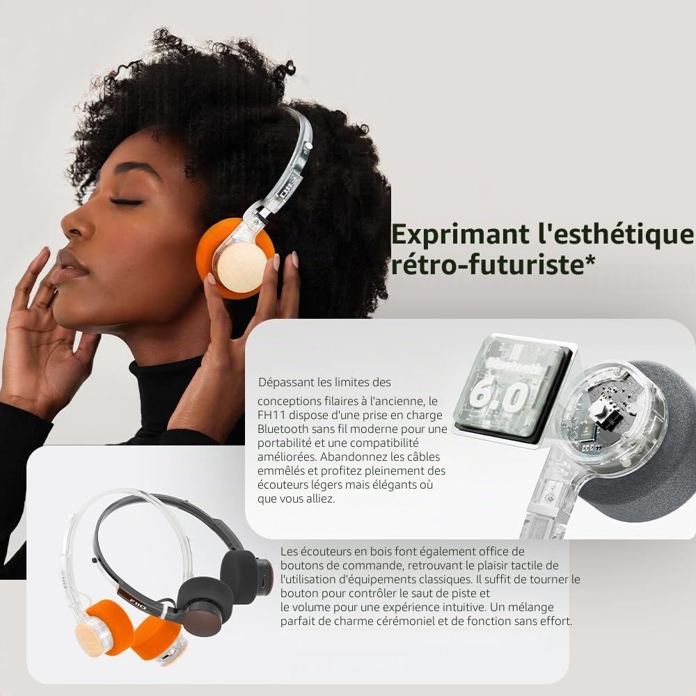 FiiO EH11 Casque Bluetooth rétro supra-auriculaire, sans fil LDAC, léger, 92 g, 30 heures d'autonomie, connexion double appareil, égaliseur d'application et mode jeu, microphone intégré (transparent)