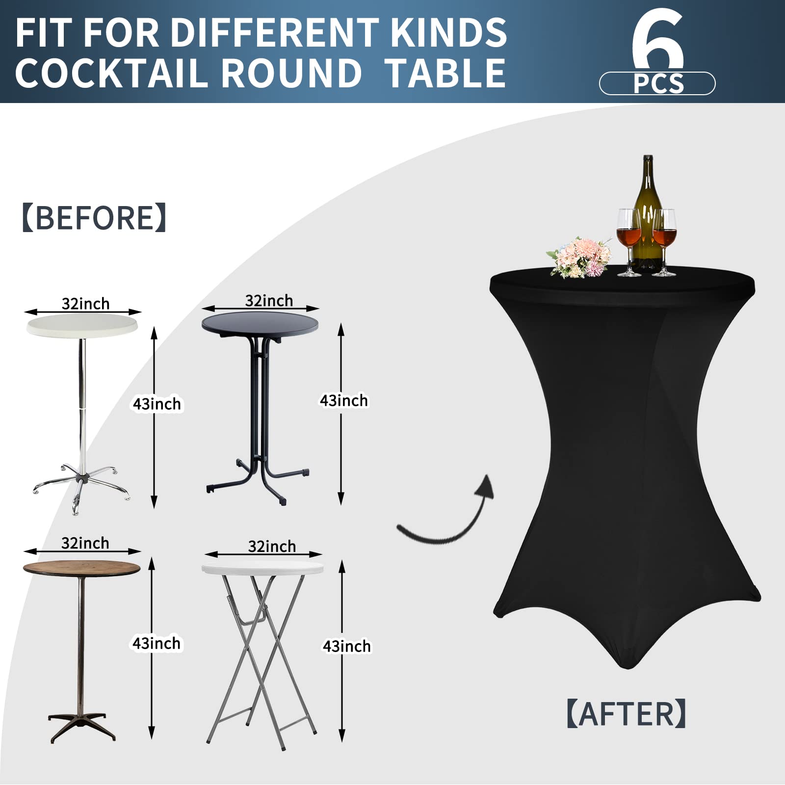 6 paquetes de mantel redondo elástico de licra para cóctel, esquinas cuadradas de cóctel, manteles de cóctel elásticos de parte superior alta para bodas, fiestas, banquetes, cumpleaños (negro)