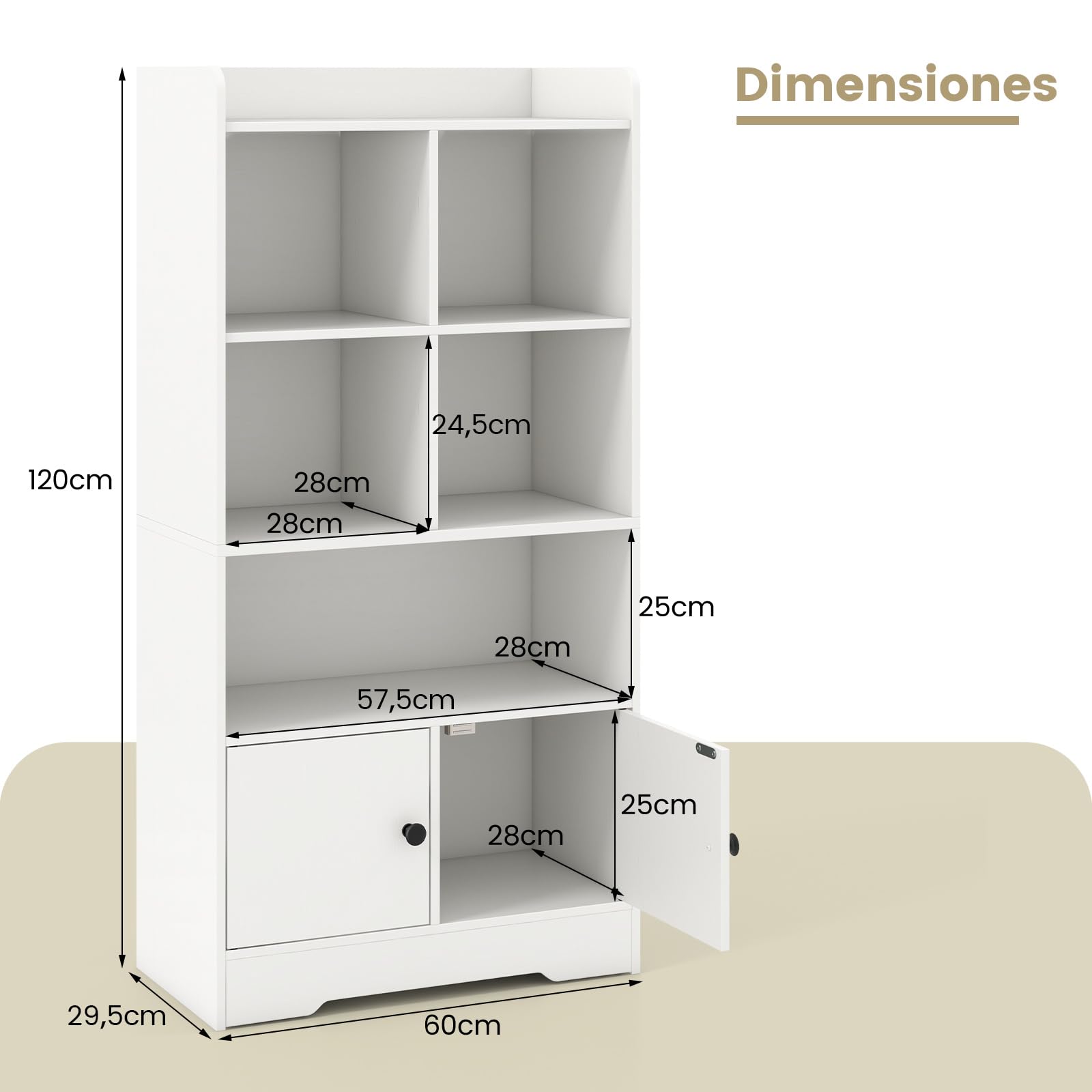 GIANTEX Librería de Madera con 5 Compartimentos Abiertos y 2 Puertas, Estantería de Libros con Kit Antivuelco, 60 x 29,5 x 120 cm, Armario de Almacenamiento para Salón, Dormitorio y Estudio