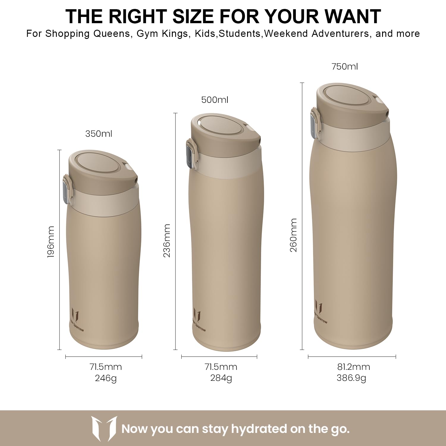 Super Sparrow Borraccia Termica, Acciaio Inox Bottiglia Termica - 350ml, 500ml, 750ml, 950ml - Senza BPA Tazza Termica, Borraccia Termica per Bambini, Scuola, Sportiva, Bici, Campeggio, Palestra