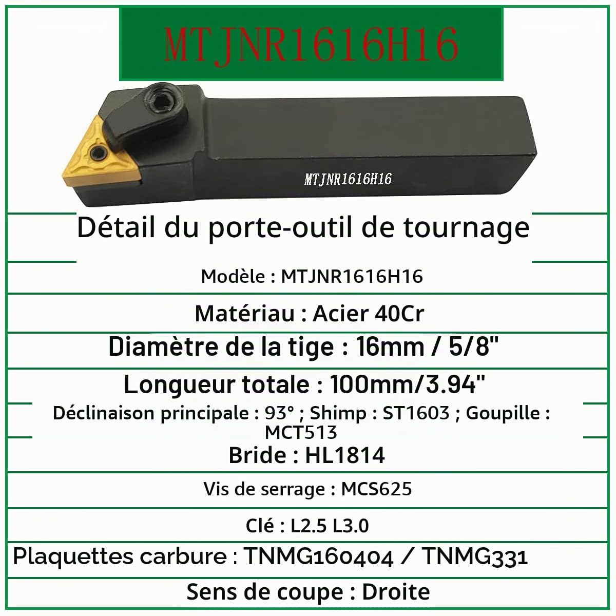 Porte-outils de tournage en carbure indexable MTJNR1616H16 + tour métallique avec barre d'alésage interne S16Q-MTJNR16 + inserts de tournage en carbure indexables TNMG331 (TNMG160404)…