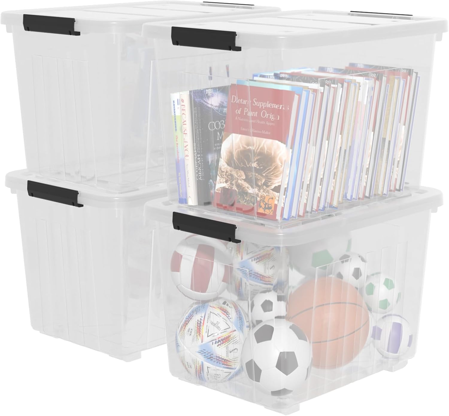 70 Quart Large Plastic Storage Box, Clear Latching Bin with Lid and Wheels, 4 Packs
