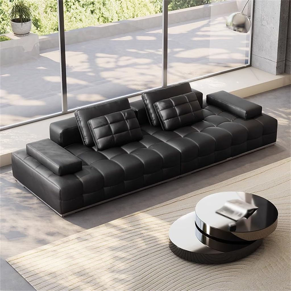 Straight Row Wooden Frame Sofa Minimalist Living Room Large Unit Villa Black Leather Art
