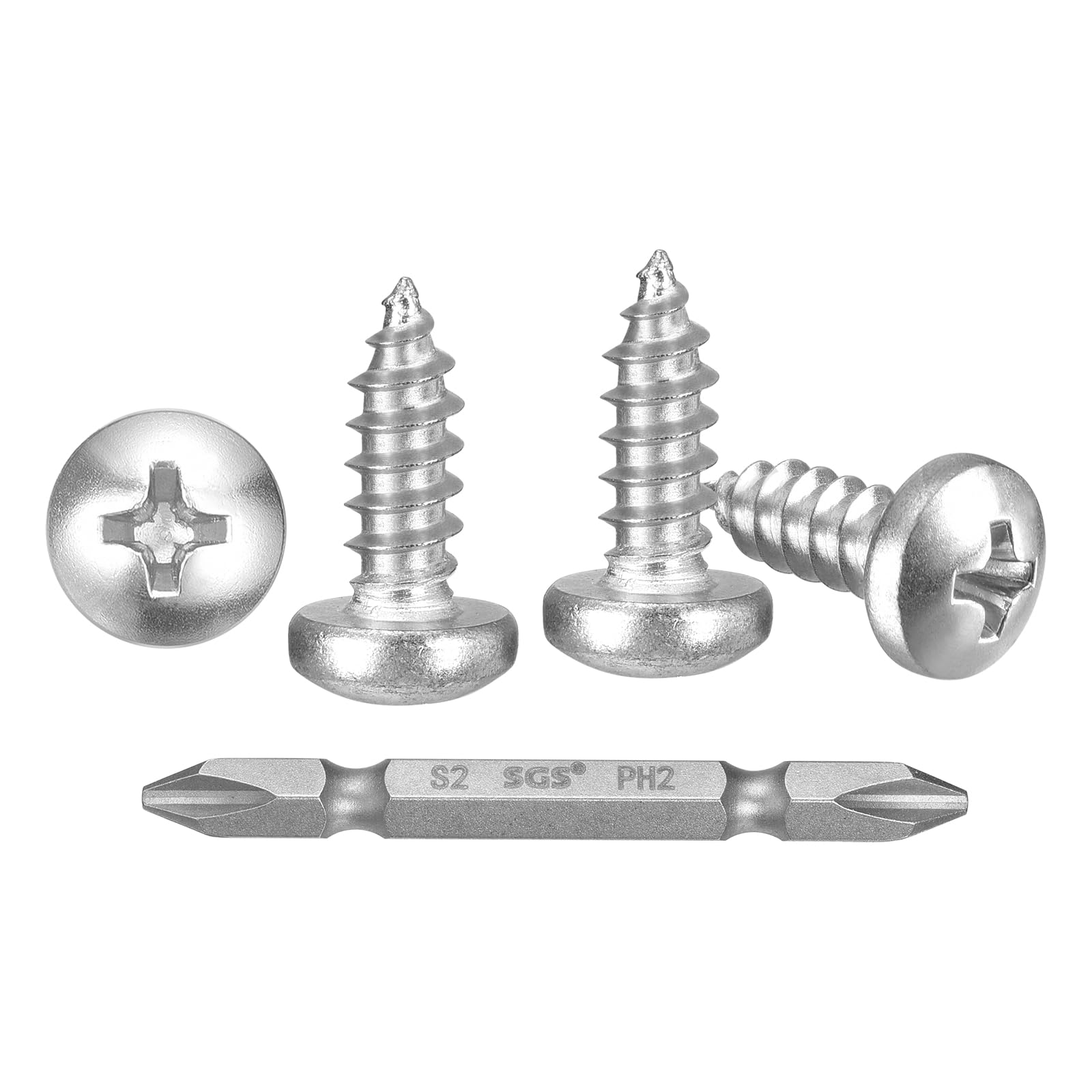 METALLIXITY Phillips Pan Head Self Tapping Screws(#10x1/2") 200Pcs, 304 Stainless Steel Self Drilling Screw for Metal Wood Plastic with Bit, for Cabinet Wall Shutter Plate Furniture, Silver