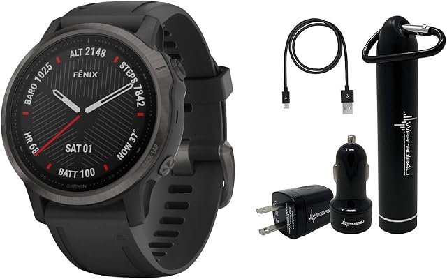 Garmin Fenix 6S Smaller-Sized Multisport GPS Watch with Wrist-Based Heart Rate Pulse Ox and Wearable4U Ultimate Power Bundle (Sapphire/Carbon Gray DLC with Black Band)