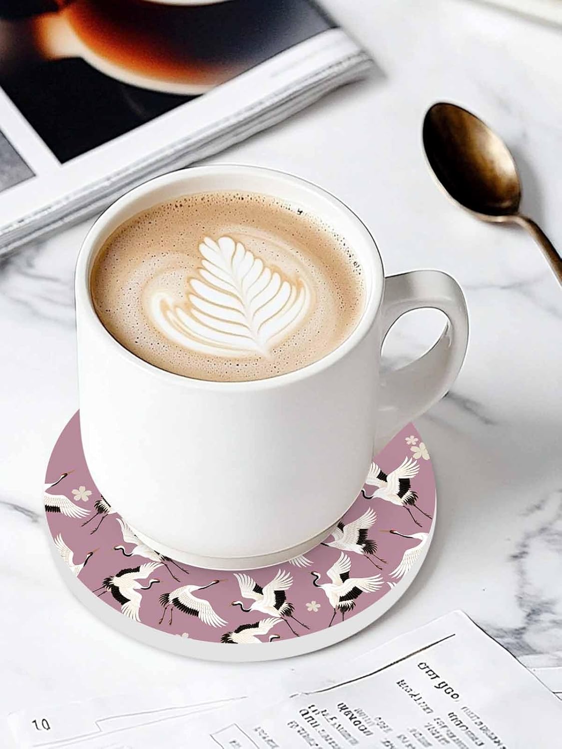 陶製コースター 円形 和風 鶴 桜 花 ピンクバック 吸水 4枚セット 直径10.3cm&times;厚さ0.6cm 速乾 杯垫 滑り止め 耐熱