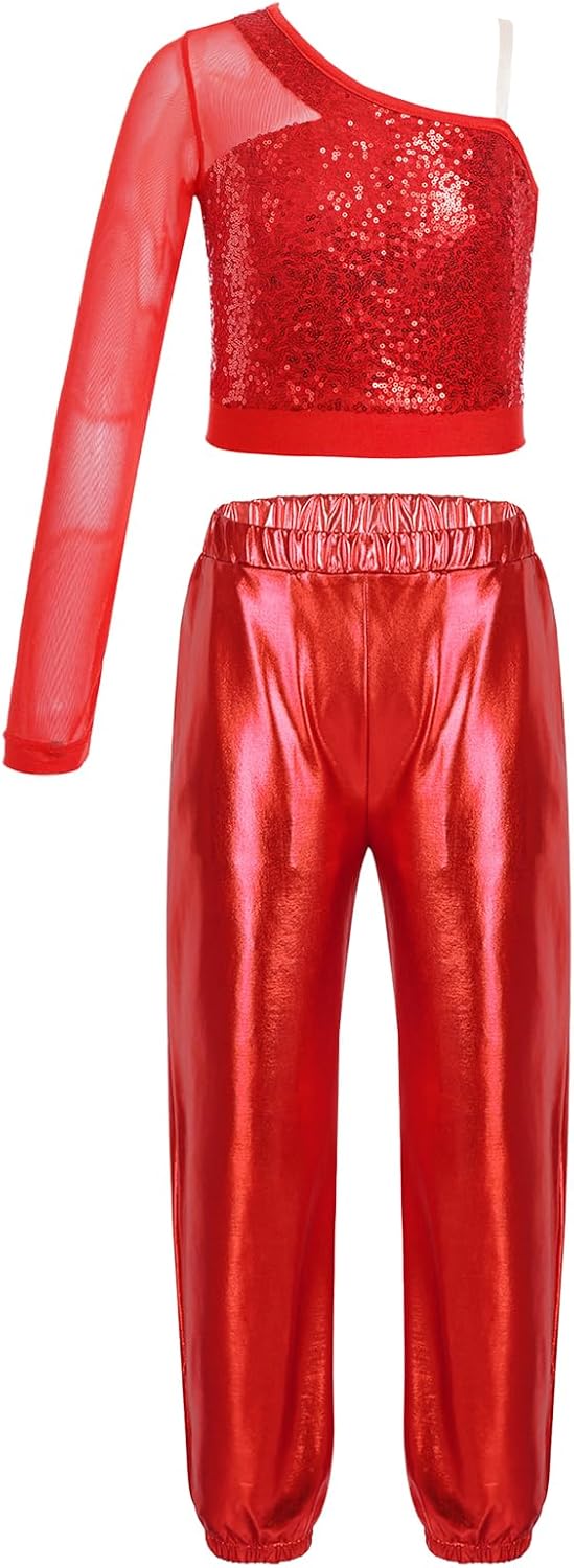 Kids Girls 2Pcs Shiny Hip Hop Jazz Dance Tracksuit Metallic Crop Top with Athletic Cargo Pants Set Activewear