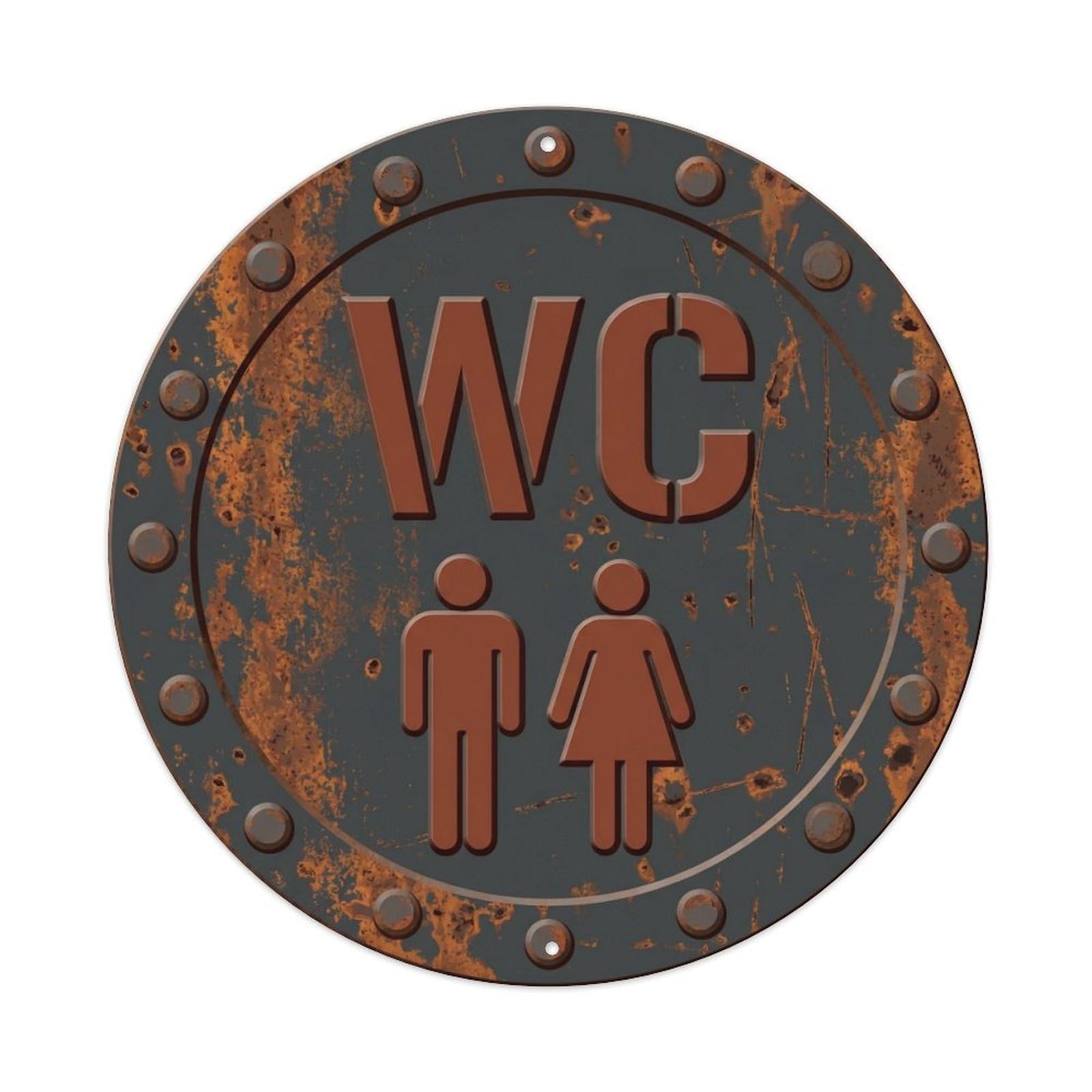 Toilet （WC） Industrial Rusty Plate Metal Tin Sign Plaque Wall Decor for Cafe, Club Bar, Office, Home Garden Round Metal Poster 8x8Inch