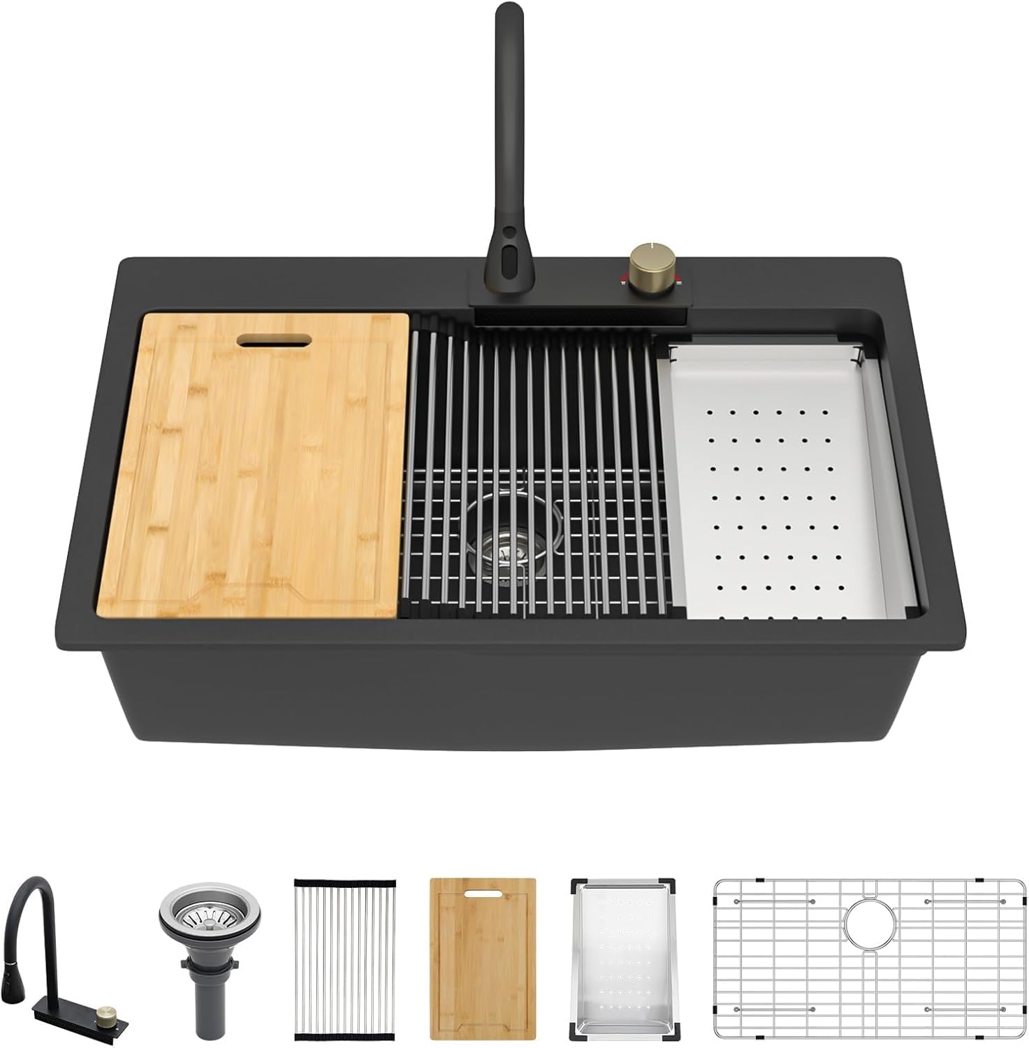Kichae 33 Kitchen Sink Drop In Waterfall - 33"x22" Black Granite Quartz Composite Smart Single Bowl Waterfall Workstation with Pull Down Faucet Combo