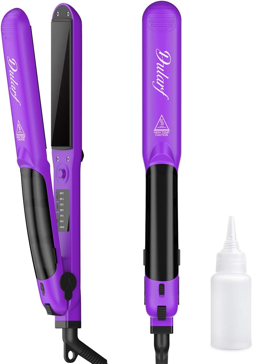 Steam Hair Straightener, Dularf Professional Ceramic Tourmaline Ionic Ceramic Tourmaline Ionic Flat Iron Straightens & Curls with Adjustable Temp Travel Size (Purple)