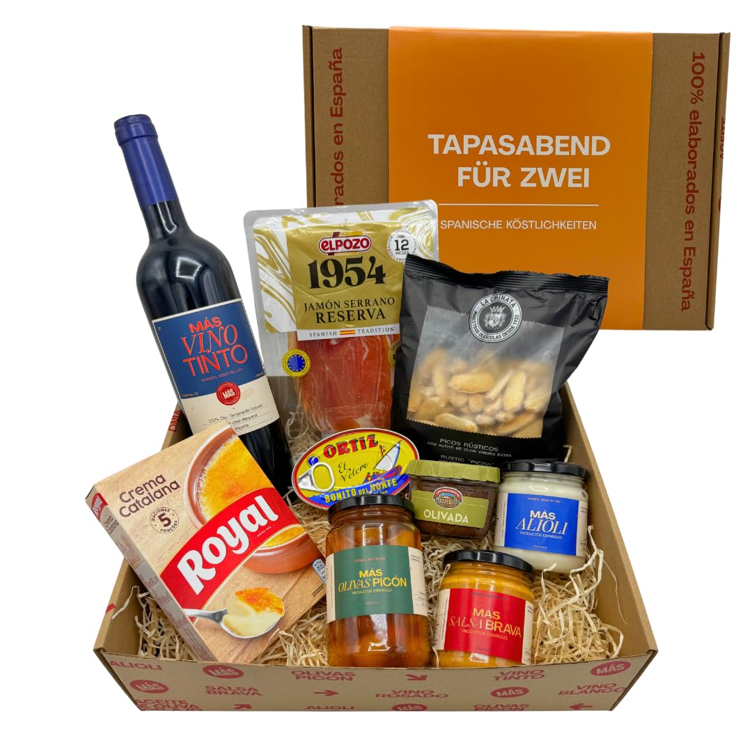MAS PRODUCTOS Tapas Abend für Zwei Spanischer Geschenkkorb Feinkost Präsentkorb mit Rotwein Serrano Schinken Bonito Thunfisch Alioli Salsa Brava & Crema Catalana Geschenkbox für Männer & Frauen